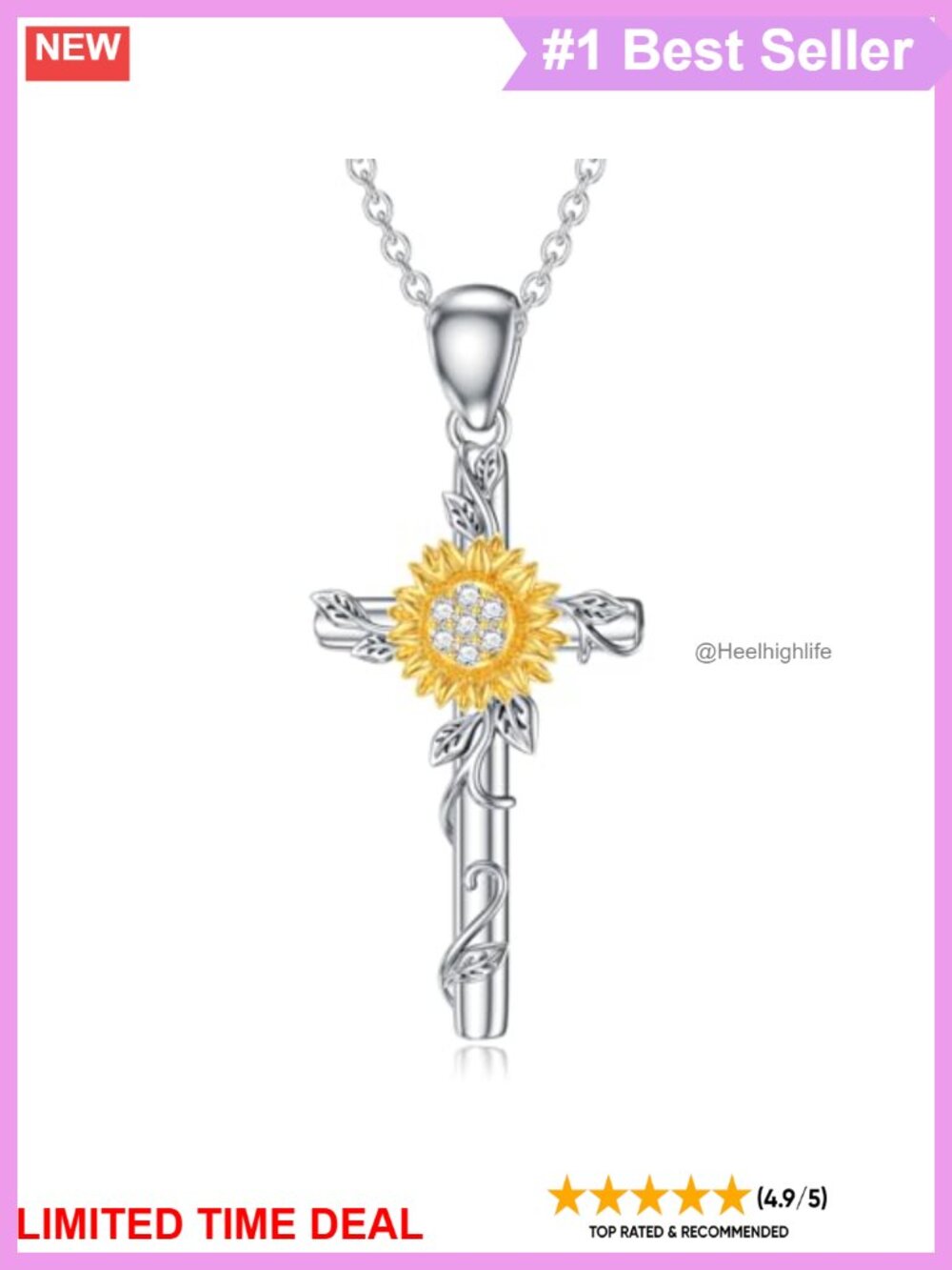 Sterling Silver Cross Necklace with Lab Grown Diamond Sunflower Pendant